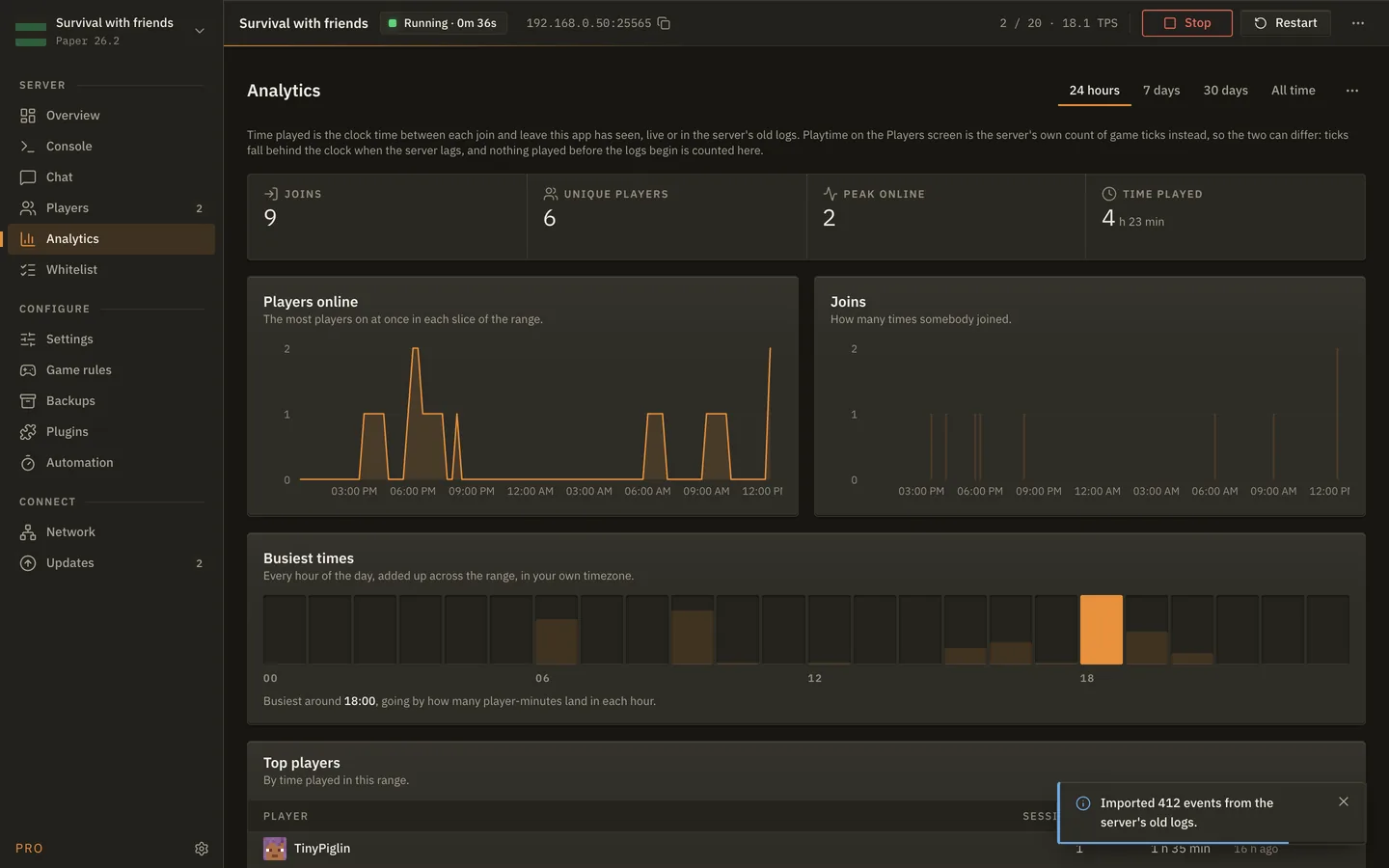 The Analytics screen of MineServer Admin