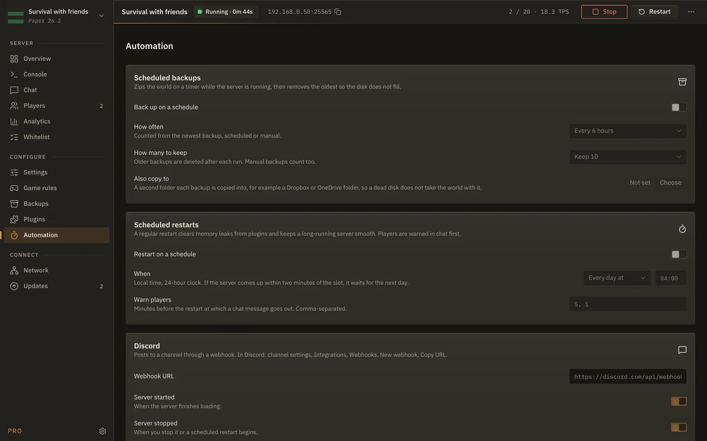 The Automation screen of MineServer Admin