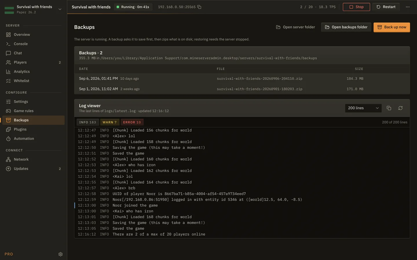 The Backups screen of MineServer Admin