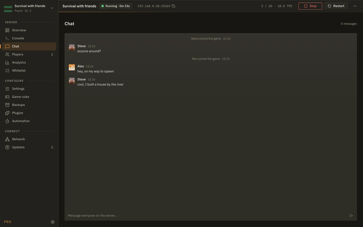 The Chat screen of MineServer Admin