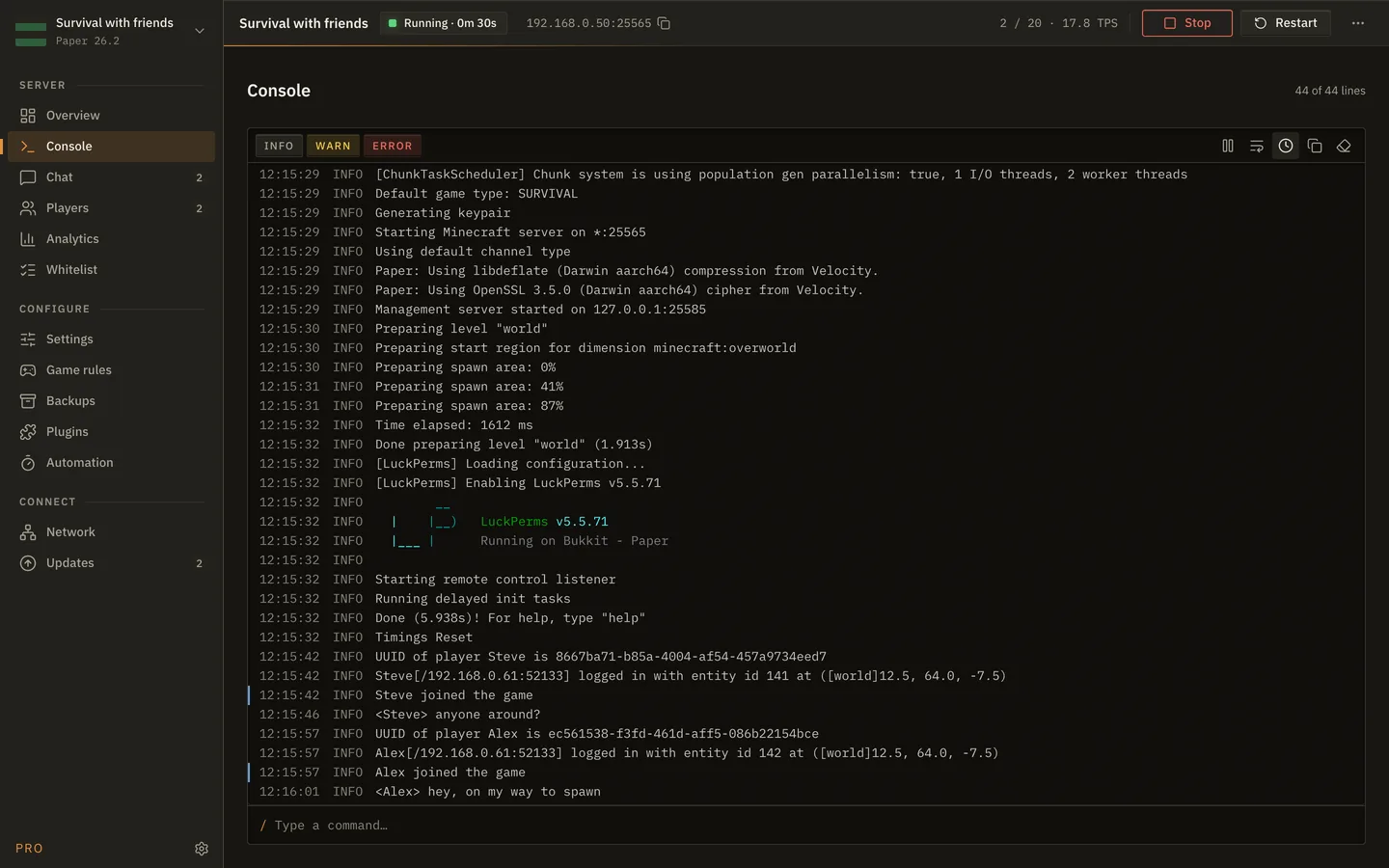 The Console screen of MineServer Admin