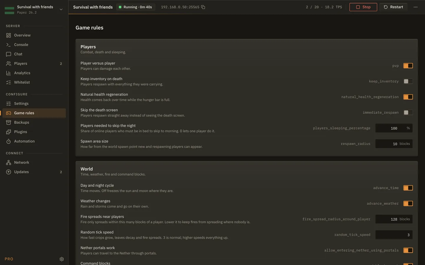 The Game rules screen of MineServer Admin