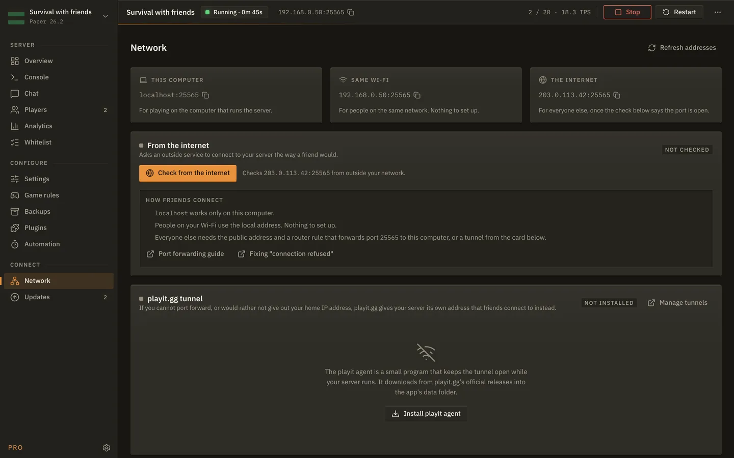 The Network screen of MineServer Admin