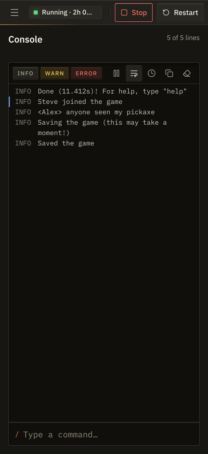 The Console screen of the web panel on a phone
