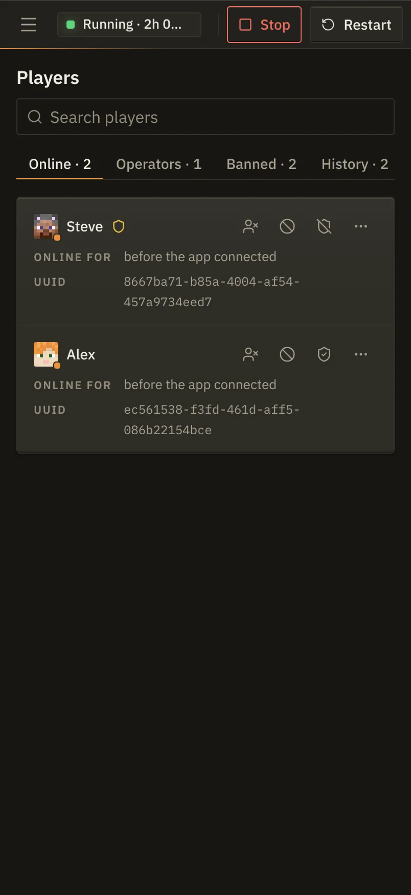 The Players screen of the web panel on a phone