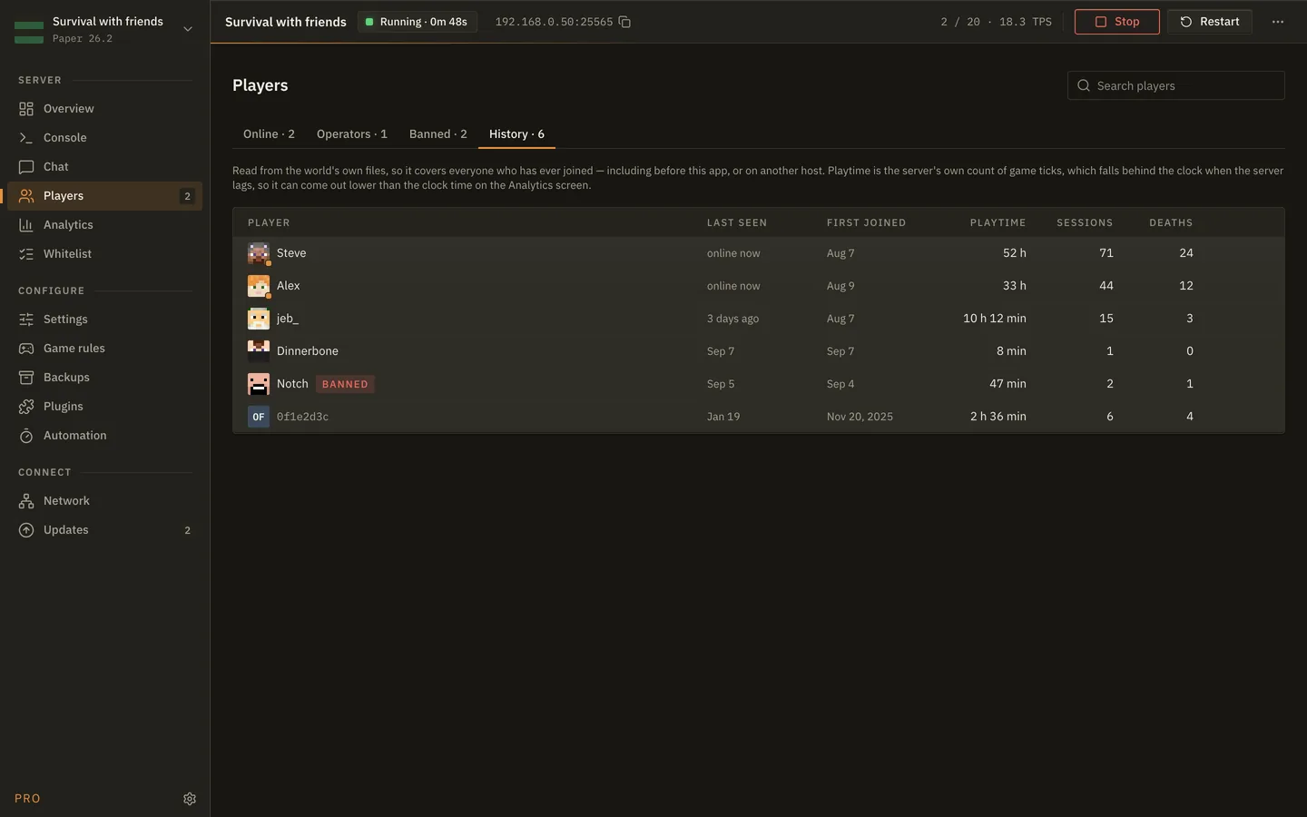 The Players screen of MineServer Admin