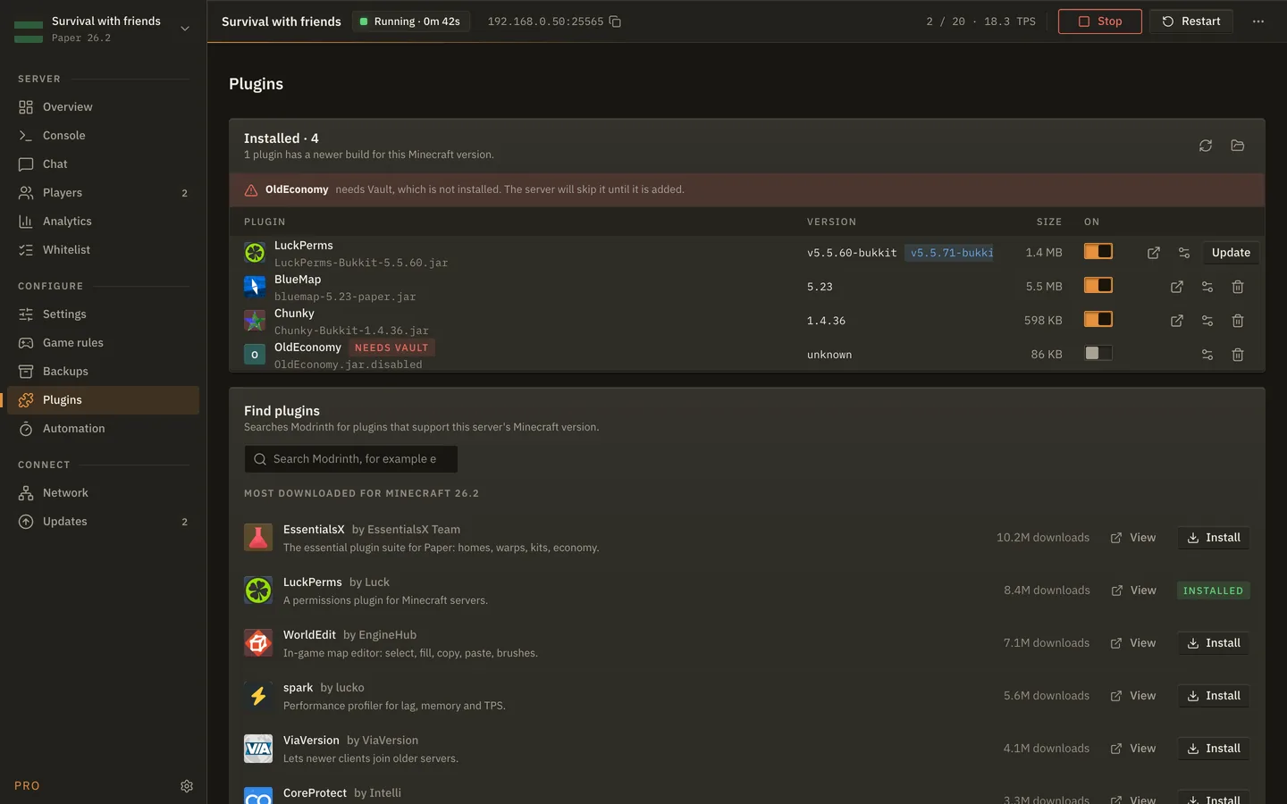 The Plugins screen of MineServer Admin