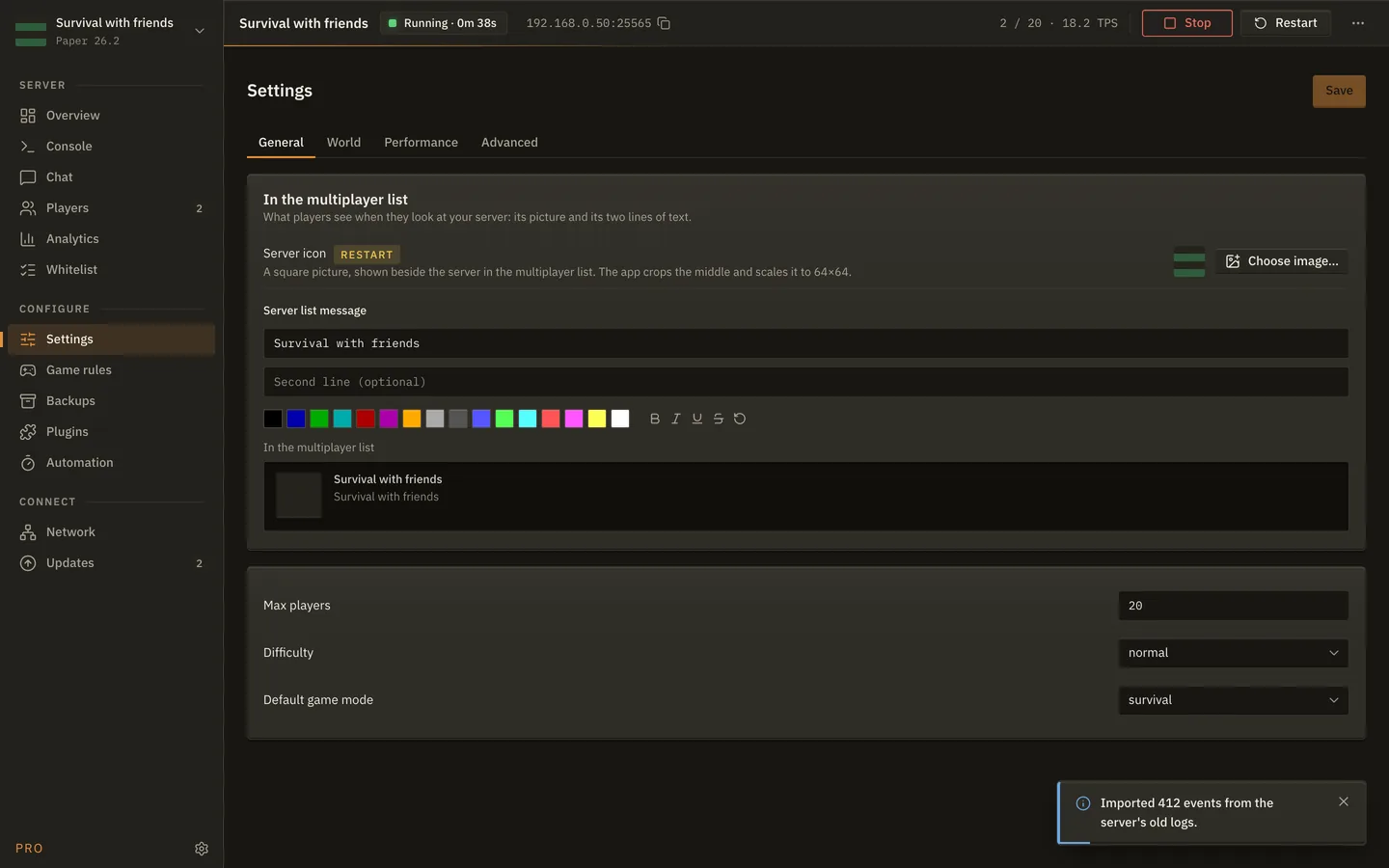 The Settings screen of MineServer Admin