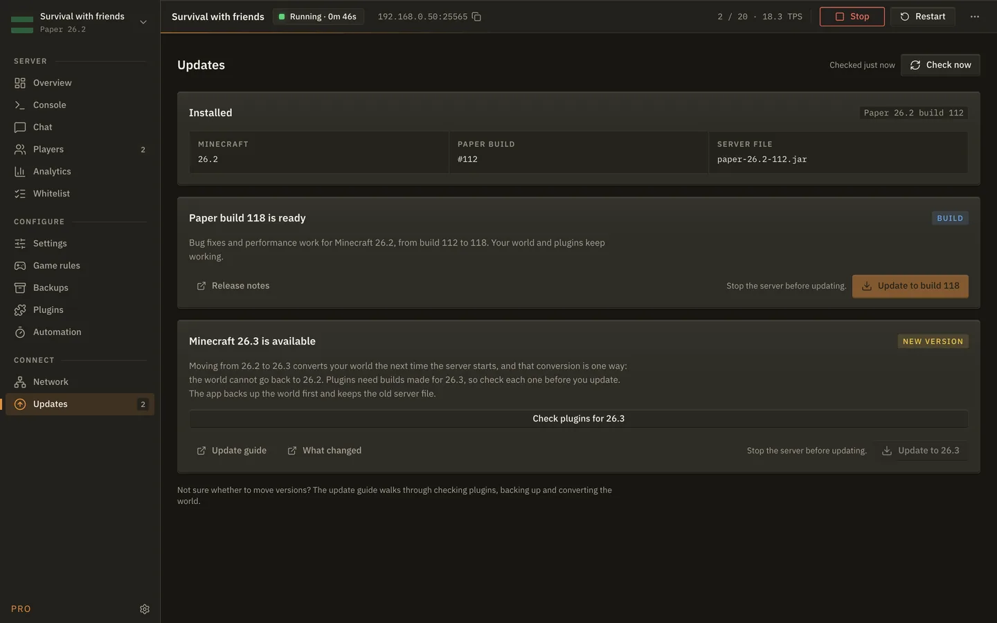 The Updates screen of MineServer Admin