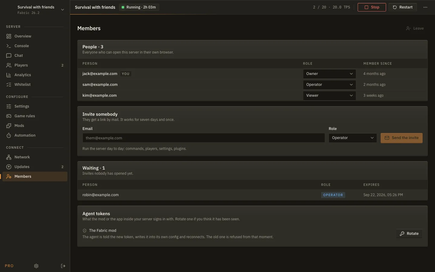The Members screen of the web panel: people on the server, their roles, an invite form and the agent token