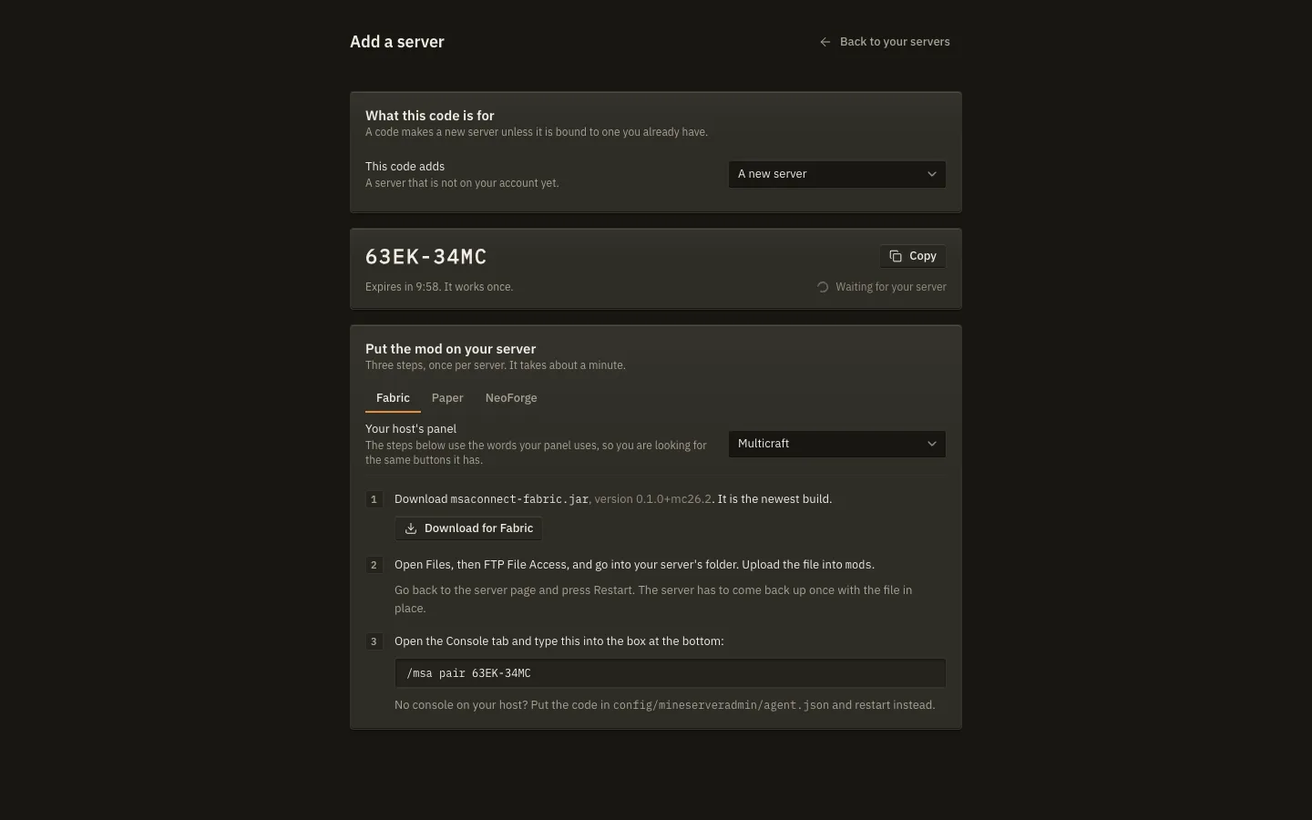 The Add a server screen of the web panel, with a pairing code and the three install steps for Fabric on a Multicraft host