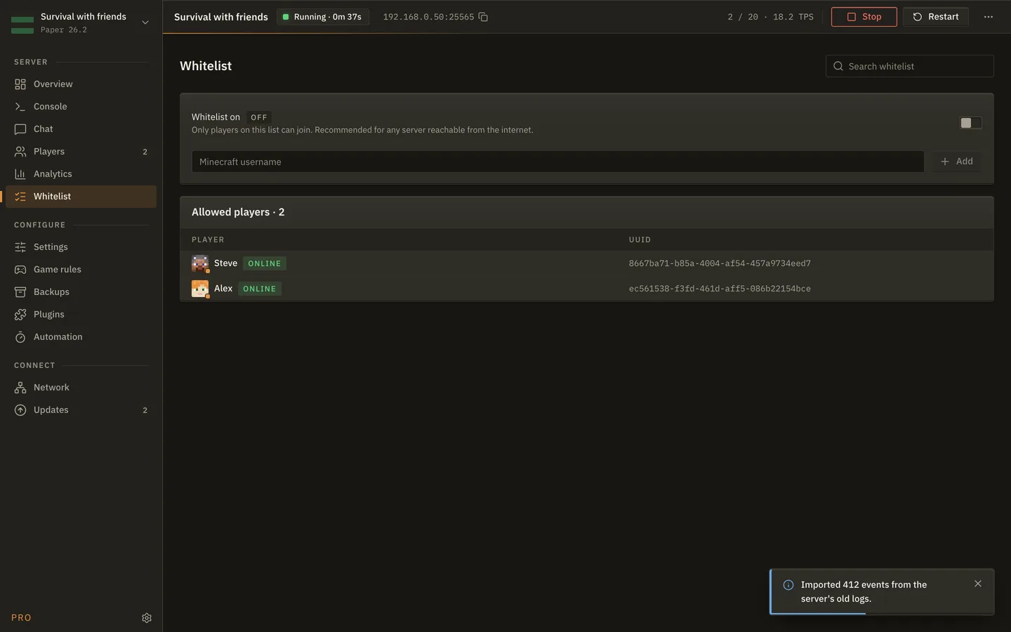 The Whitelist screen of MineServer Admin